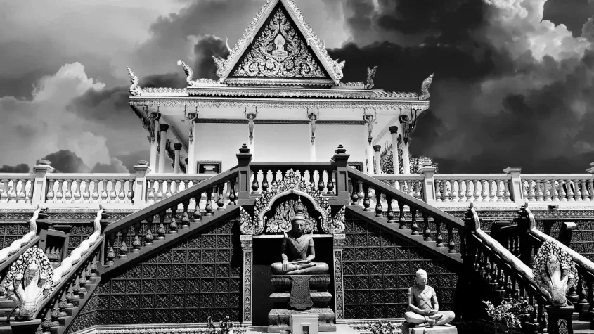 Black and white picture of a buddhist temple 