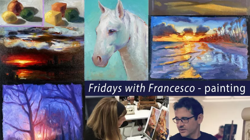 a collage of paintings featuring a grassy lake, a beach sunset, a snowy tree sunset, a white horse, and an image of a male in a black shirt, dark hair and glasses instructing someone to paint