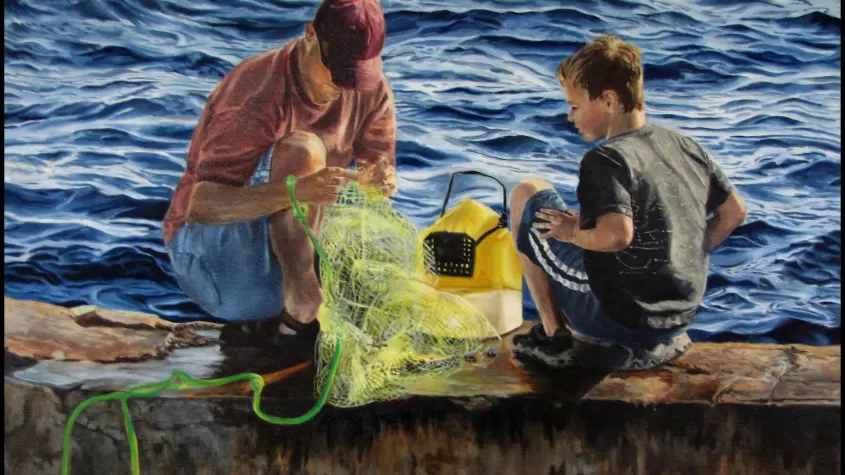 a painting of a father and son at the beach, one in a blue swimsuit and red shirt and one in a green tshirt with a fishing net between them 