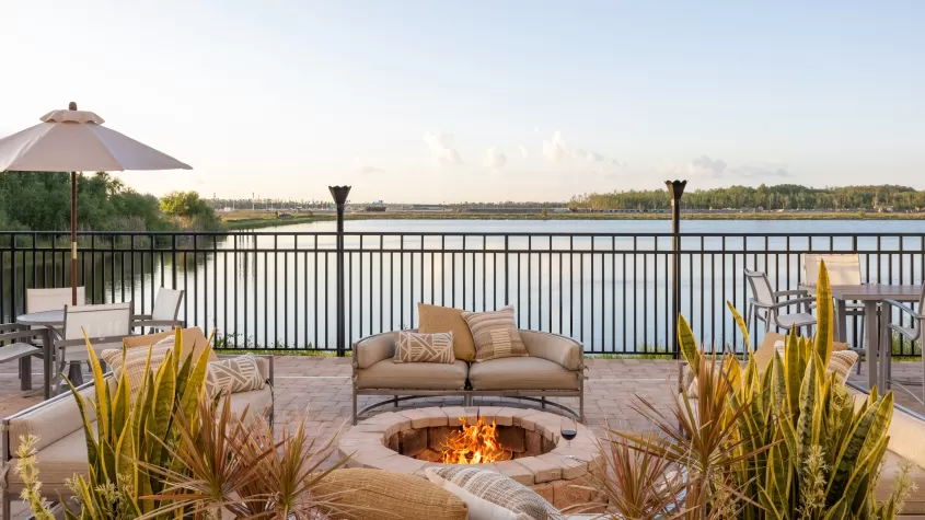 lakeside patio with firepit