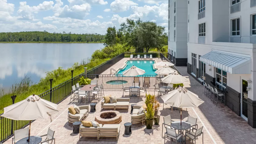 Lakeside patio and pool