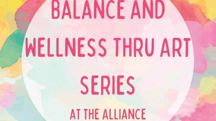 blue, pink and yellow tyedye background with a white circle in the middle saying wellness thru art series