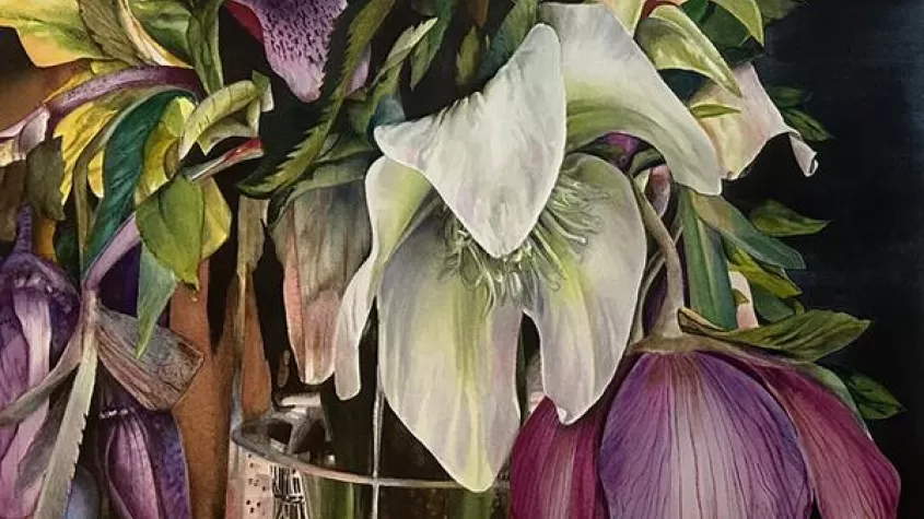 watercolor painting of lilies and their leaves in a glass vase