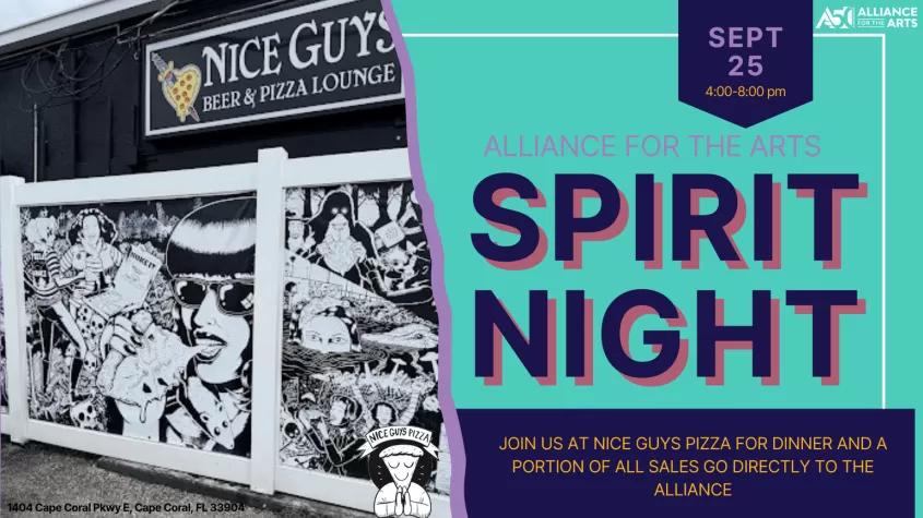 split graphic of a graffiti wall on the left and teal background on the right with navy letters spelling spirit night