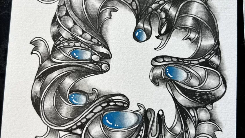 grey doodle with bright blue bubbles