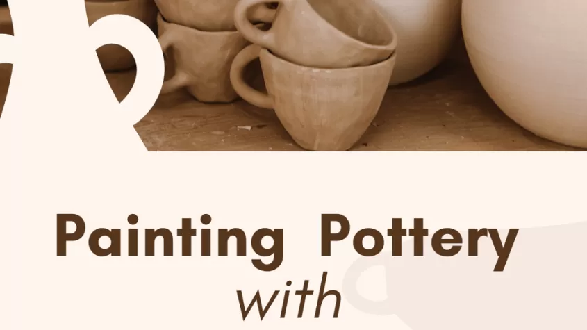 beige image with plain pottery pitchers and mugs and the words painting pottery at the bottom in brown