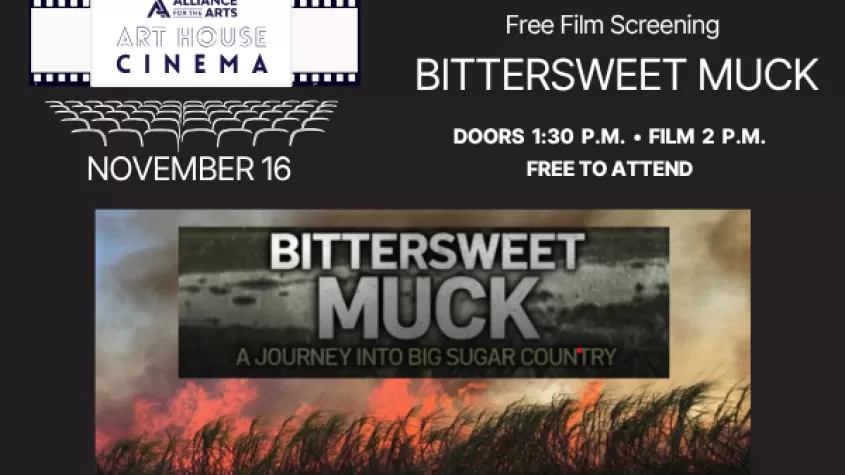 black background with white theatre seats outlined in the upper left and white font depicting the event with an image of burning sugar fields 