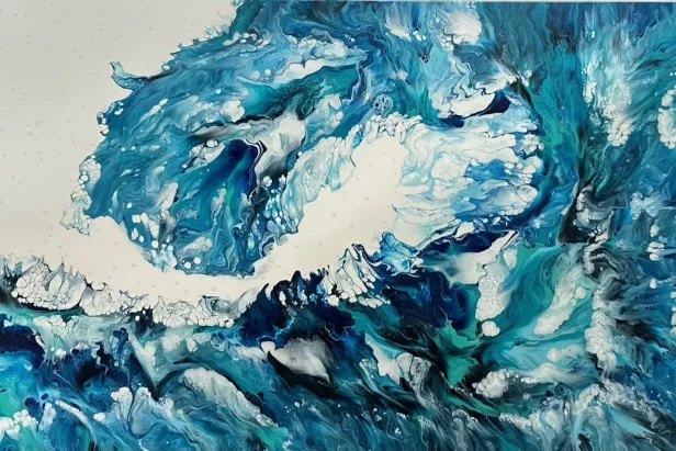 Painted tidal wave of blues and whites on a white background
