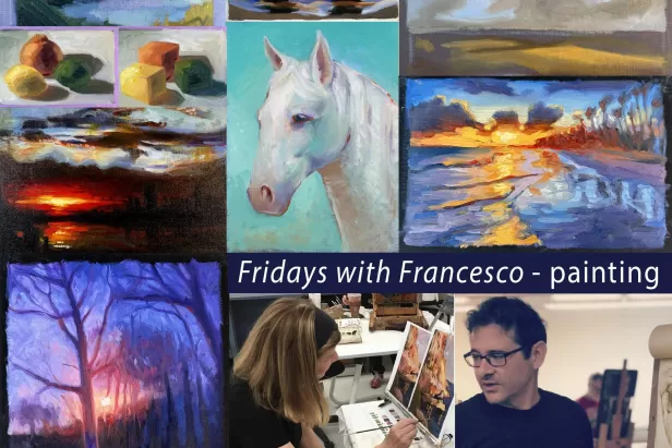 a collage of paintings featuring a grassy lake, a beach sunset, a snowy tree sunset, a white horse, and an image of a male in a black shirt, dark hair and glasses instructing someone to paint
