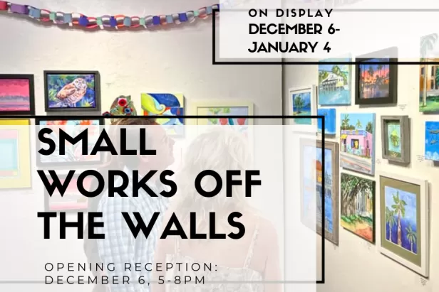 Man and woman looking at small beach themed paintings with a multicolored paper chain hanging on the wall and a white overlay with the title in black font
