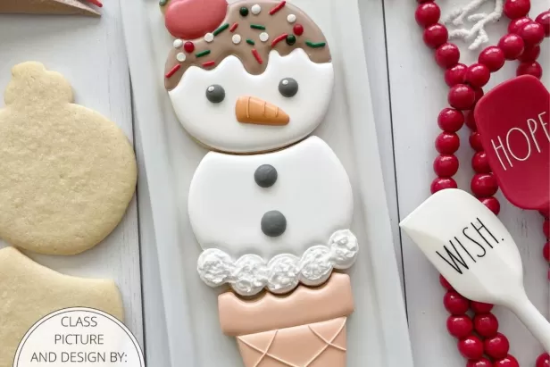 ice cream cone shaped cookie decorated as a snowman with chocolate sauce and a cherry on top
