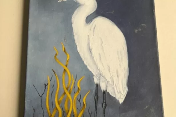 Acylic painting of a white egret standing amongst wavy seagrass
