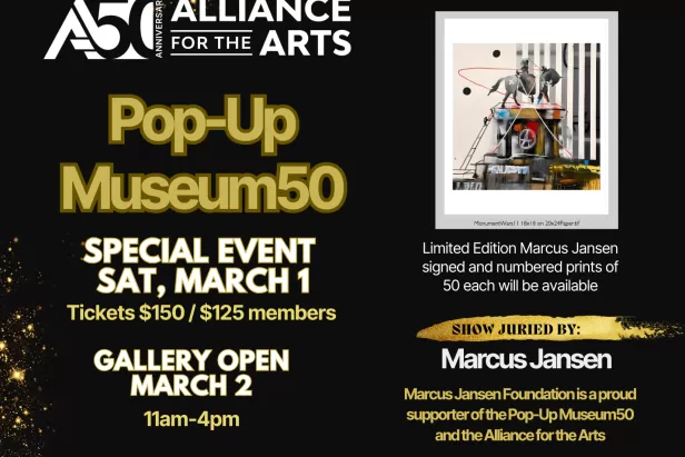 black background with gold high lights stating the event information and that 50 signed prints of Marcus Jansen will be available for purchase
