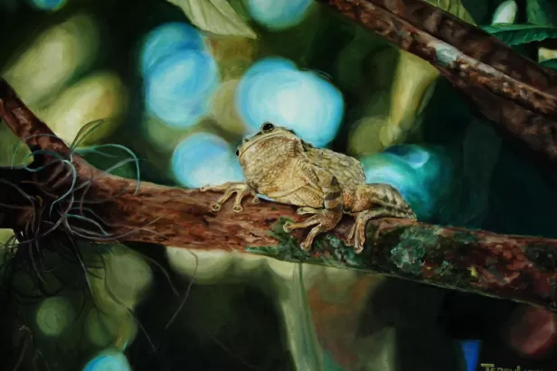 painting of a green frog on a tree branch with out of focus leaves and sky in the background
