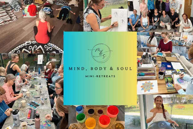 Collage of images of people doing yoga, sound baths and art
