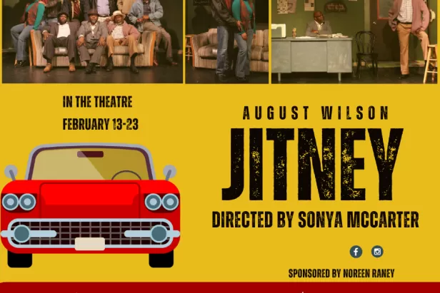 yellow background with a red car and black bold letters and cast pictures at the top
