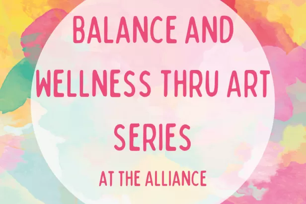 blue, pink and yellow tyedye background with a white circle in the middle saying wellness thru art series
