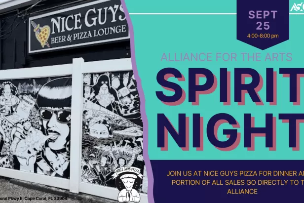 split graphic of a graffiti wall on the left and teal background on the right with navy letters spelling spirit night
