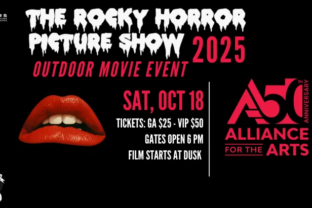 black background with white drippy letters saying rocky horror picture show and the iconic red lips used for the film
