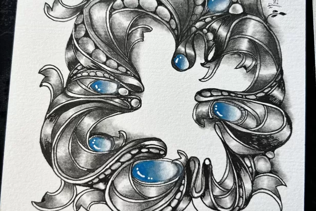 grey doodle with bright blue bubbles
