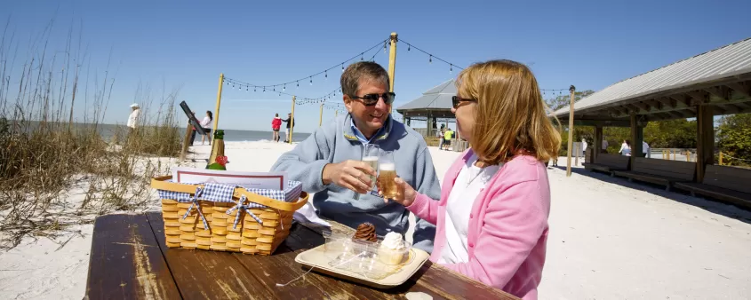 A man and woman sitting at a picnic table